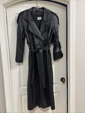 VTG Bettina Black Leather Full Length Trench Coat Maxi Jacket 90s Matrix 10